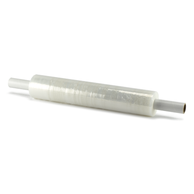 Disposable Standard Cast Stretch Wrap with extended core handles for secure pallet wrapping.